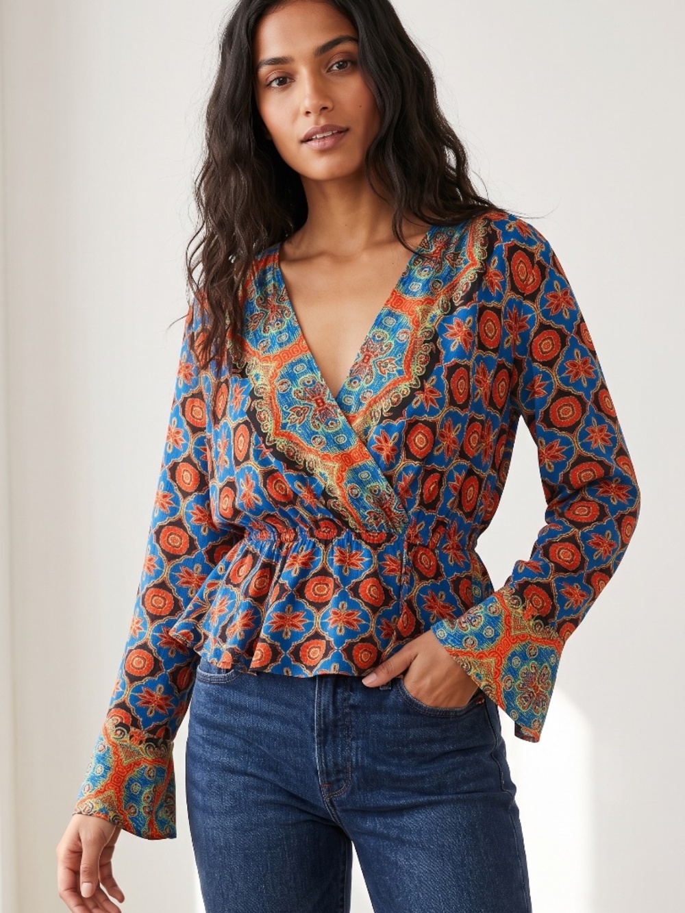 Free People Cobalt Blue Medallion Print Surplice Wrap Peplum Blouse Long Sleeve
